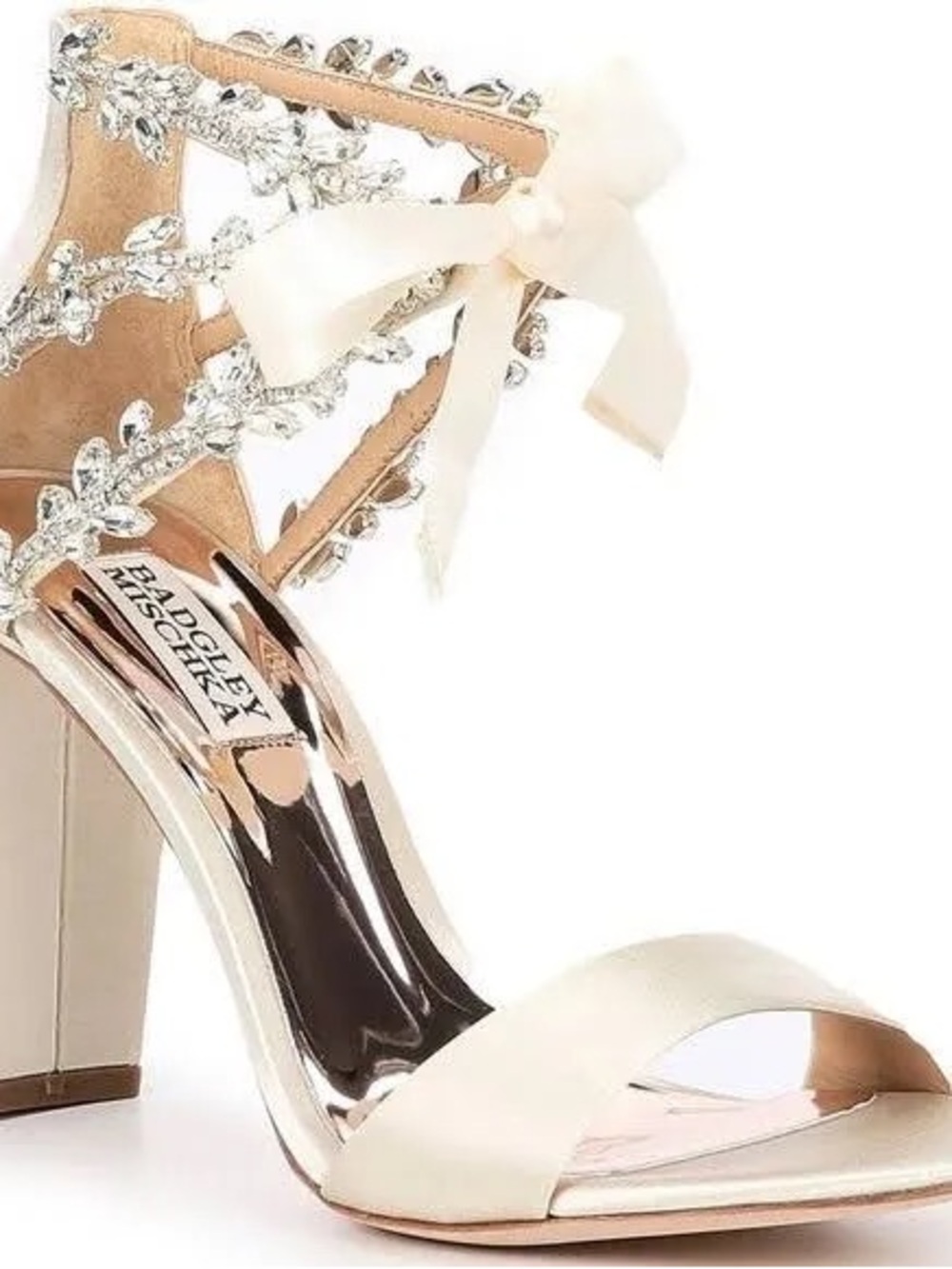 Badgley Mischka “Everafter” Ivory Satin Crystal-Embellished Ankle-Strap Bow